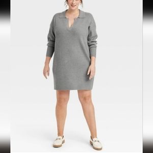 A New Day Women's Long Sleeve V-neck Polo Sweater Mini Dress ~ Gray